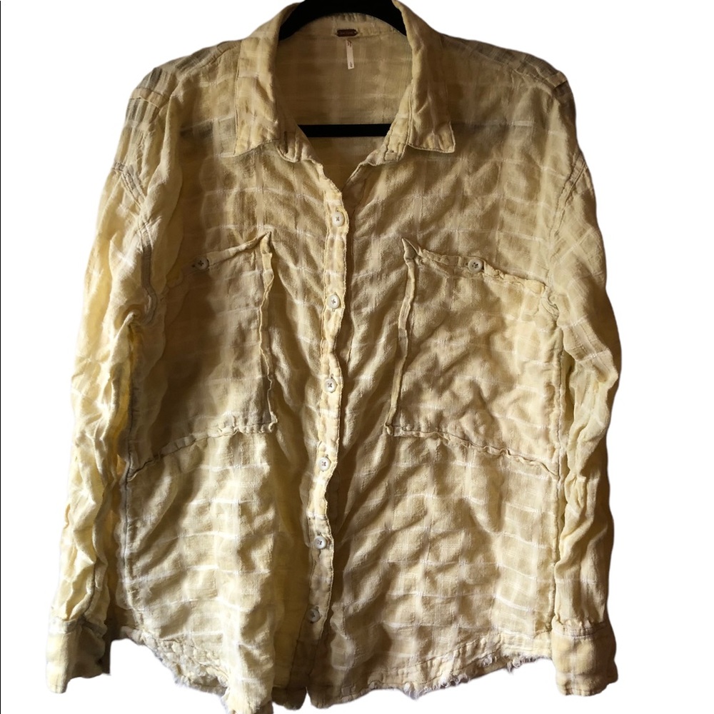 Free People Large Yellow Button Up Blouse Distressed Edges